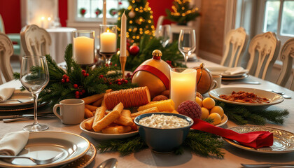 Christmas dinner table with festive food, photorealistic style.