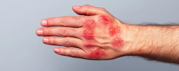 Person s hand with fragile, recurring blisters, itchy and inflamed, extreme clarity, natural skin tones, soft lighting on affected area, realistic details