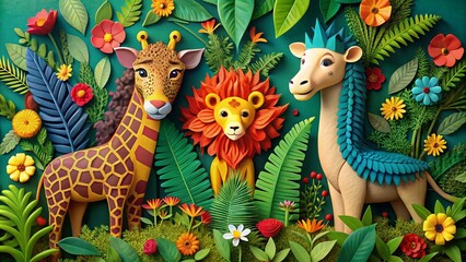 Fototapeta premium Aerial Photography of a Colorful Paper Art Scene with a Giraffe, Lion, and Lioness Amidst Lush Greenery and Vibrant Flowers Perfect for Wildlife and Nature Illustrations
