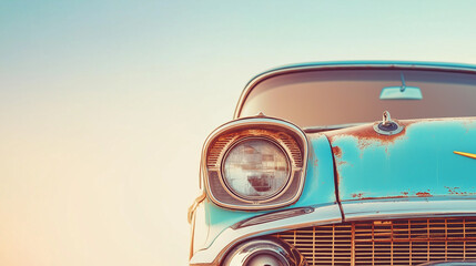 Front View of Vintage Turquoise Car with Rust Detail Under Morning Sky