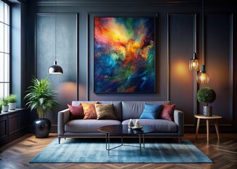 Aerial Photography of a Stylish Contemporary Poster Featuring an Abstract Oil Pastel Painting Elegantly Framed in a Dark, Moody Room Atmosphere