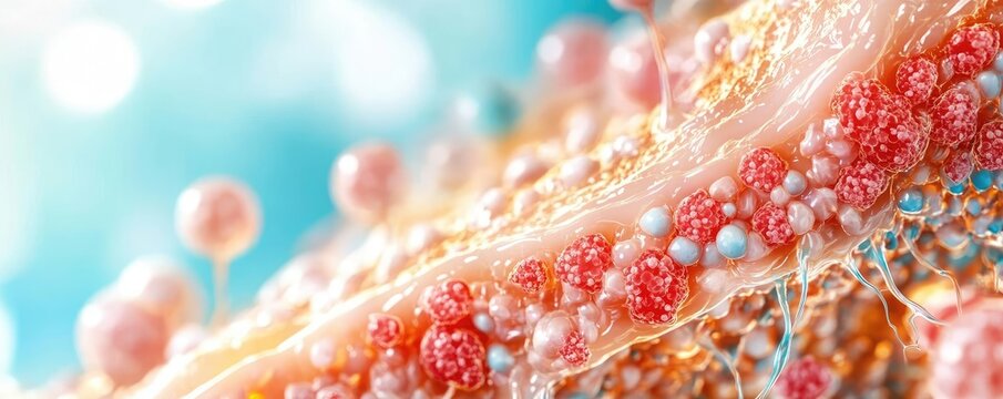 Close-up depiction of epidermis with swollen, red areas indicating chronic inflammation, intense detail of skin disease and discomfort