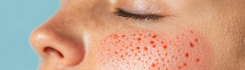 Fototapeta premium Zoomed-in image of skin with warm, inflamed spots, showcasing dermatitis symptoms and discomfort, medical skin condition focus