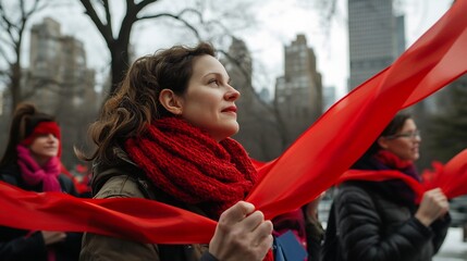 A group of people holding red ribbon banners and waving them during a World AIDS Day event symbolizing unity solidarity and support for the fight against HIVAIDS
