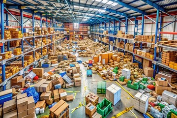 Aerial View of a Chaotic Warehouse Interior with Boxes and Packages Fallen from Shelves, Depicting Disorder and Mess in a Commercial Distribution Environment
