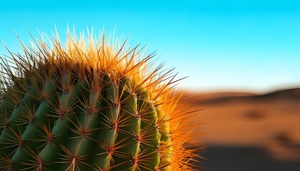 Extreme close-up of cactus spines, vivid textures, desert background, 3D illustration.