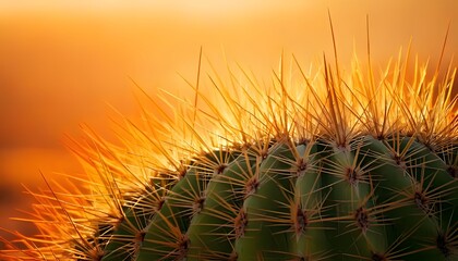 Extreme close-up of cactus spines, vivid textures, desert background, 3D illustration.