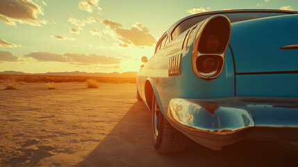 Close-Up Rear View of Vintage Blue Car in Desert at Sunset &ndash; Classic Nostalgic Road Trip Mood