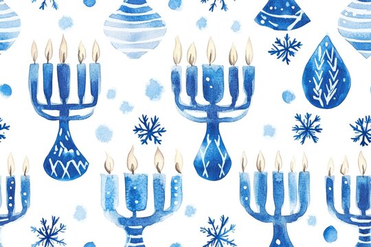 Watercolor illustration of a seamless pattern with blue and white menorahs, snowflakes, and ornaments on a white background.