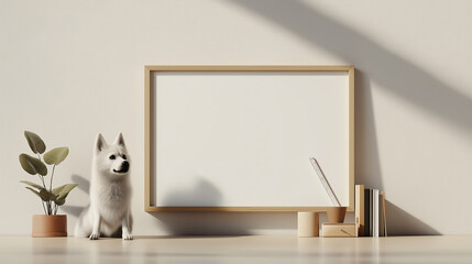 Siberian Husky sits beside minimalist frame, plant, and books in serene interior. soft lighting enhances calm atmosphere, perfect for cozy space