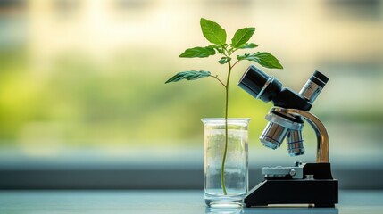 A microscope beside a plant in a glass jar, emphasizing scientific observation of nature.