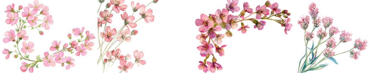 Fototapeta premium Elegant floral corner frame design with vibrant pink saxifrage flowers delicate petals foliage and branches Soft pastel romantic and vintage inspired botanical or image for nature floral