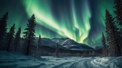 Green northern lights above mountains. Night nature landscape with lights. Night winter landscape with aurora