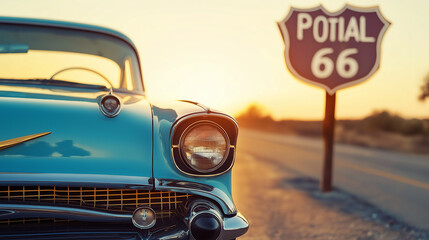 Retro Blue Car with Route 66 Sign, Iconic American Road Trip Scene
