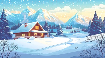 Fototapeta premium Cozy Christmas cabin nestled in a serene snowy mountain landscape with pine trees cloudy sky and a tranquil atmosphere