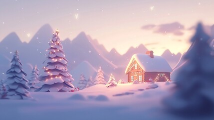 Cozy Christmas decorated cabin nestled in a serene snowy mountain landscape with glowing lights and a magical atmospheric ambiance