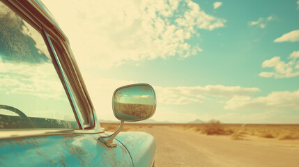 Vintage Car Mirror Reflecting Desert Road Under Blue Sky – Retro Road Trip Atmosphere
