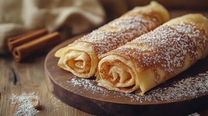 Two rolled-up pancakes with powdered sugar. Perfect for a food blog or recipe website.