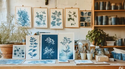 Craft table showcasing a variety of plant-themed card designs.