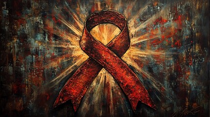 depiction of a vibrant red ribbon surrounded by bursting light rays symbolizing hope strength and solidarity for HIVAIDS awareness and prevention