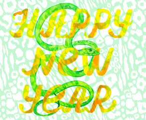 Green snake on animal skin background. Happy New Year lettering. Hand drawn watercolor ilustration