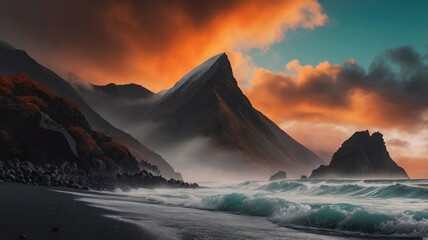 Incredible views of the mountain from a misty black beach cloudy sky