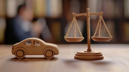 A wooden car and balance scales symbolize law and transportation concepts.