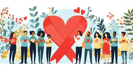 Diverse group of people standing together with a large red heart and ribbon symbolizing compassion support and awareness for those affected by HIVAIDS