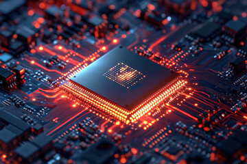 Fototapeta premium Microchip Circuit Board Close-Up with Orange Glow