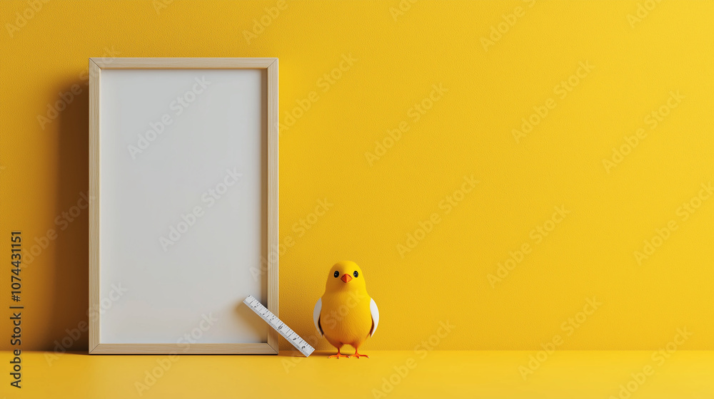 Poster vibrant yellow background features cute chick beside blank frame, creating cheerful and inviting atm