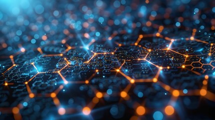 Abstract futuristic background featuring glowing hexagonal shapes interconnected by luminous lines, perfect for technology and digital themes in multimedia projects.