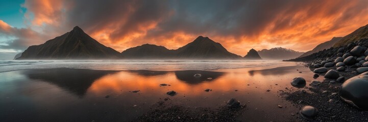 Fototapeta premium Incredible views of the mountain from a misty black beach cloudy sky