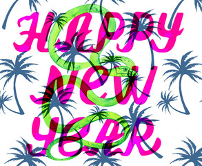 Happy New Year backround hand drawing. Green snake and palm tree
