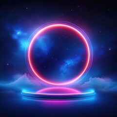 Vibrant neon circle and platform with cosmic background in digital art