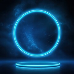 Digital neon blue circle glowing in a dark cosmic space setting