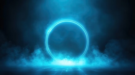 Glowing blue circle surrounded by mist in a darkened environment at night
