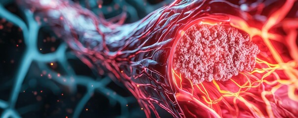 Fototapeta premium Close-up view of human cells in an intricate network, vibrant colors.