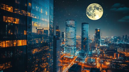 Nighttime View of Illuminated Skyscrapers and a Full Moon