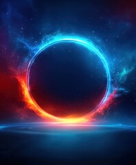 Stunning cosmic portal surrounded by vibrant blue and red energy bursts in the universe