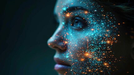 Ethereal Portrait of a Woman with Sparkling Light Effects, Exploring the Intersection of Technology and Art in a Dreamlike Setting