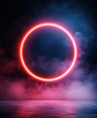 Vibrant neon circle in a foggy space with colorful lights and reflections on the floor