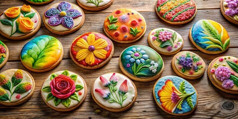 Aerial View of Beautifully Decorated Watercolor Cookies on a Rustic Wooden Table, Capturing the Artistry of Baking with Vibrant Colors and Unique Designs