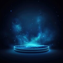 Ethereal circular platform illuminated by blue light in a cosmic background