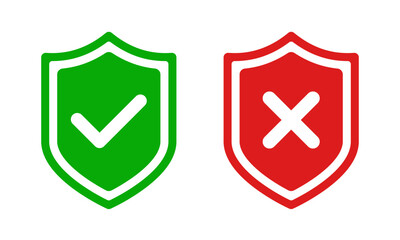 Green and red shield icon with rounded check mark, and cross sign, ok tick symbol, x cross isolated symbol vector illustration, defense symbol. Approved, rejected, or yes, and no checkmark buttons