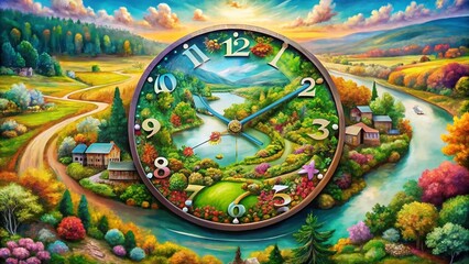 Aerial View of Colorful Watercolor Clock Surrounded by Nature's Beauty with Vibrant Hues and Artistic Flair for Creative Projects and Home Decor