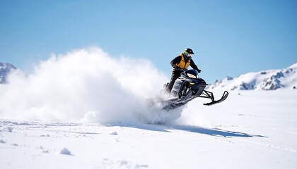 Snowmobile rider jumping off a snowbank, snow spraying in mid-air against a blue sky and mountains