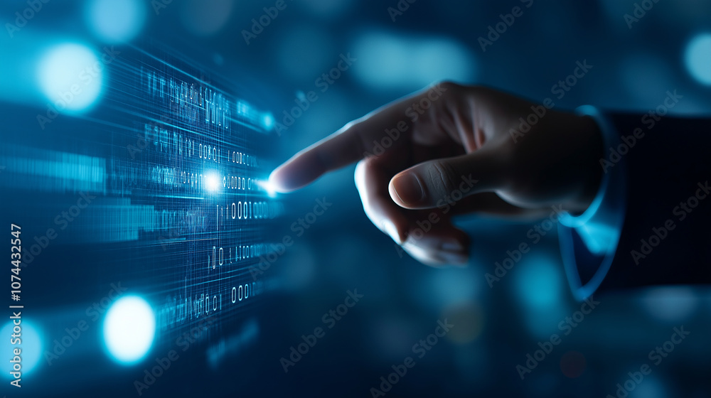 Poster business professional interacting with digital data on screen, showcasing technology and innovation.