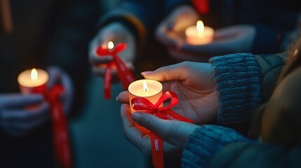 Hands holding lit candles and red ribbons in a solemn vigil to commemorate World AIDS Day a global event to raise awareness and show support for those affected by the HIVAIDS pandemic