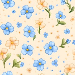 A colorful floral pattern featuring blue and yellow flowers on a soft cream background.