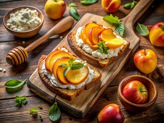 Aerial View of Delicious Sweet Toast with Cottage Cheese, Peaches and Honey on Rustic Wooden Board in Cozy Kitchen Setting for Culinary Photography